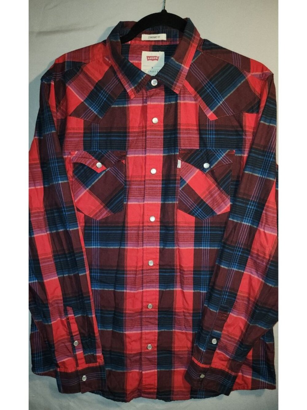 Mens Medium Levis Red Plaid Long Sleeve Button Down Western Style Shirt Pearl Sn